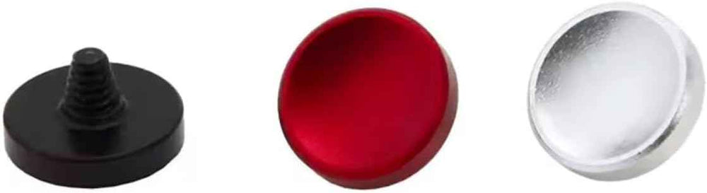 Metal shutter release button caps in black, red, and silver with screw tip