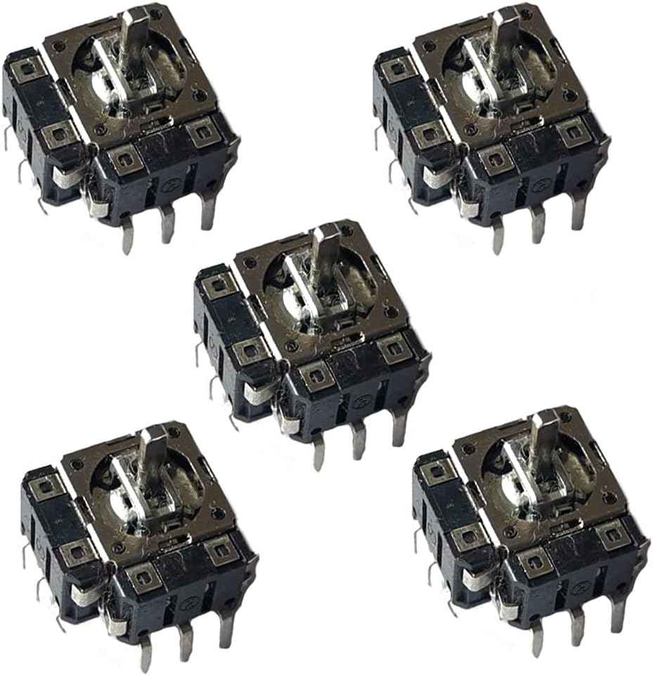 Set of black joystick potentiometer switches on PCBs with five-direction push buttons