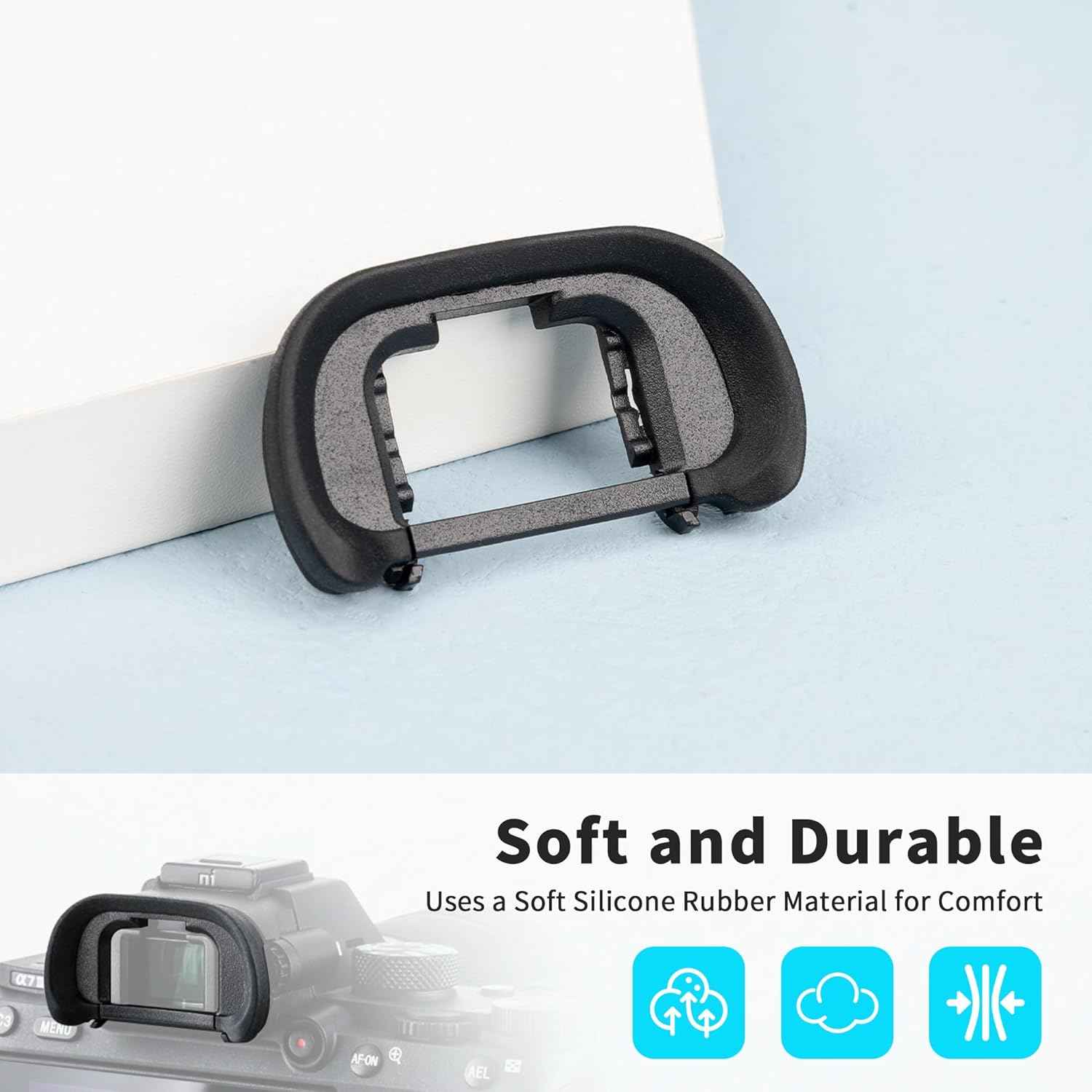 Black soft silicone viewfinder eyecup replacement attached to camera eyepiece