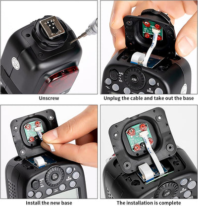 Black hot shoe replacement mounting foot for Godox flash, base removed with internal circuit board