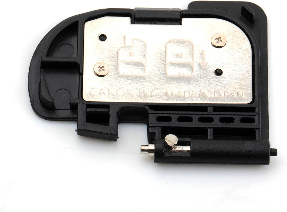 Canon camera battery door cover cap, black plastic with metal plate, contacts, and screws