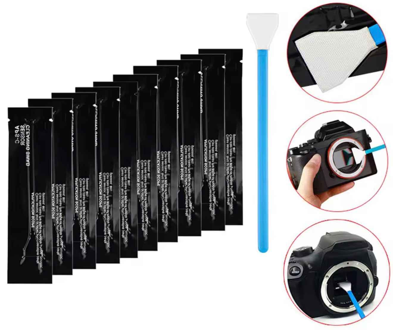 Set of dry sensor cleaning swabs with blue handle and multiple black packets