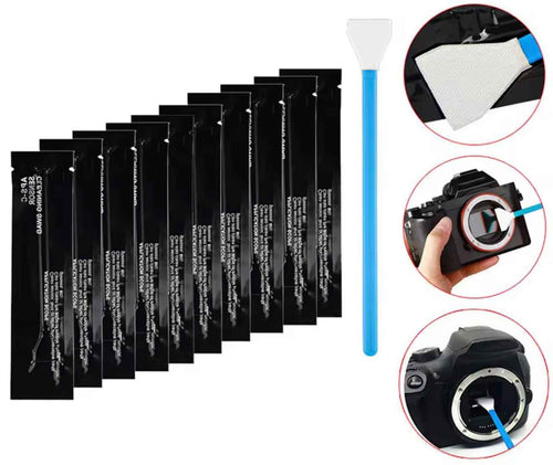 Set of dry sensor cleaning swabs with blue handle and multiple black packets