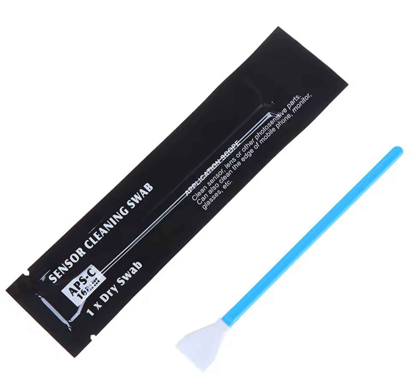 Dry camera sensor cleaning swab with blue handle and white tip in black packet