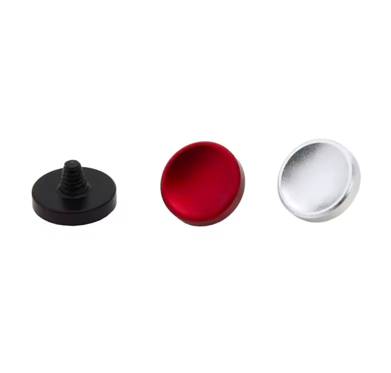 Metal shutter release button set with black, red, silver round caps and screw post