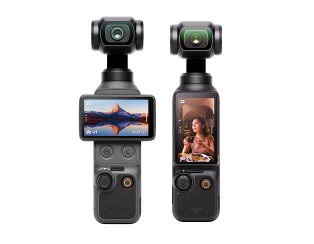 Handheld gimbal camera with front touchscreen and control buttons, black