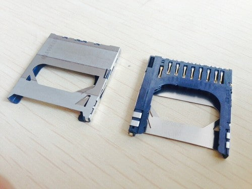 Canon DSLR SD card slot holder assembly, metal frame with blue guides and pins